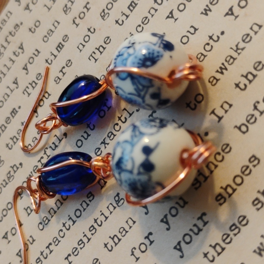 Floral Bead Handcrafted Earrings with Glass Beads Colbalt Blue & White